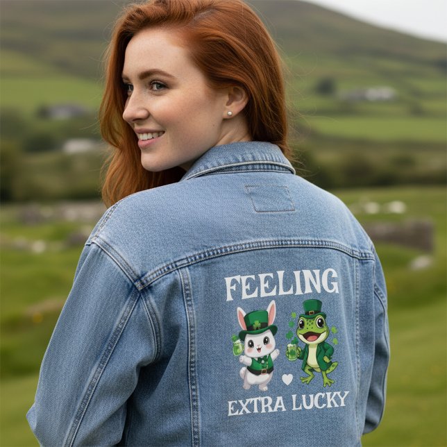 Chaqueta Vaquera Custom Text St. Patrick's Day Frog and Bunny (Subido por el creador)