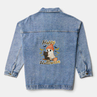 Chaqueta Vaquera Cute Fantasma y Gato Negro Feliz Halloween Denim