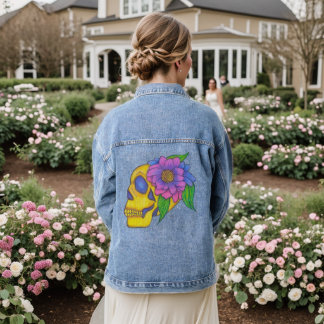 Chaqueta Vaquera Denim Jacket With Abstract Skull and Flower Art