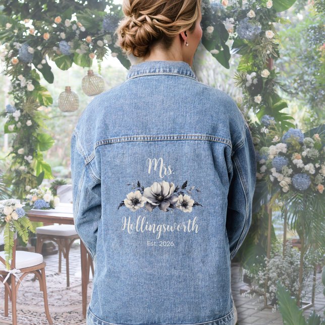 Chaqueta Vaquera Denim Novia (Cute Trendy Floral Wedding Black White Mrs Bride Denim Jacket)