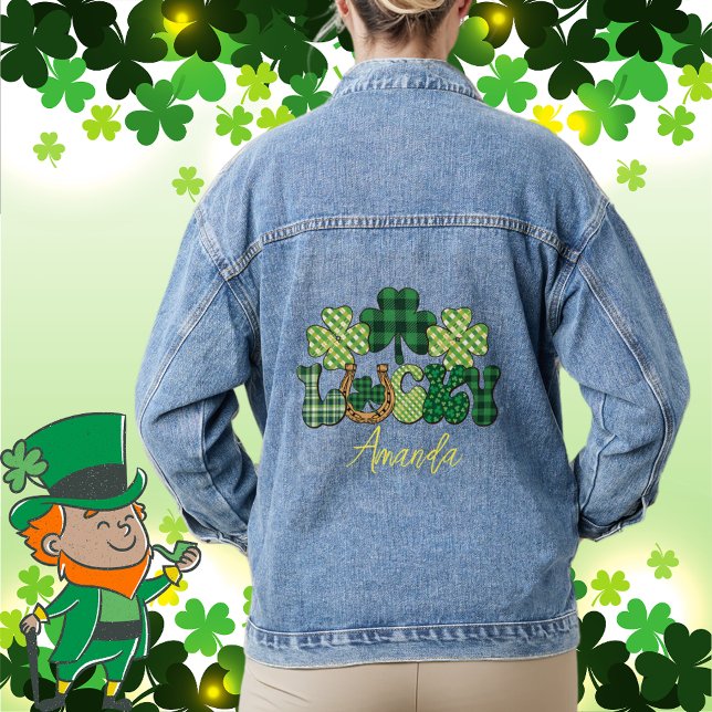 Chaqueta Vaquera Día de Lucky St Patricks Personalizado (Personalized Lucky St Patricks Day Denim Jacket)
