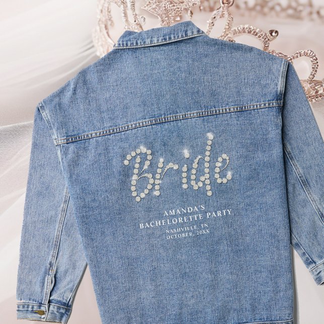 Chaqueta Vaquera Diamantes de imitación de Denim y Diamonds........ (personalized denim jacket bachelorette party bride rhinestones bling script blue white name elegant)