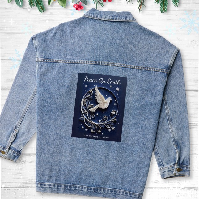Chaqueta Vaquera Dove of Peace Elegant Faux Papercraft (A festive denim jacket with Dove of Peace design on the back, 'Peace On Earth' words and custom text)
