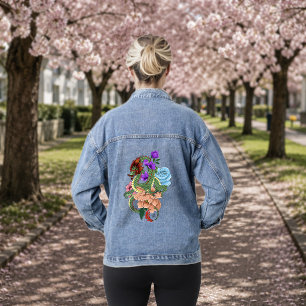 Chaqueta Vaquera Dragón Chino Verde Místico Floral Azul Marino