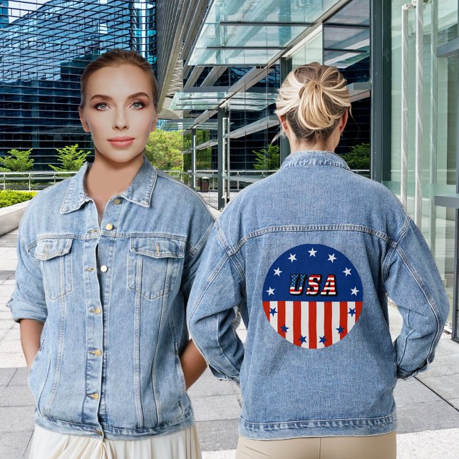 Chaqueta Vaquera EE.UU. cita estrellas de la bandera estadounidense (USA Quote American Flag Stars in Circle Women's Denim Jacket)
