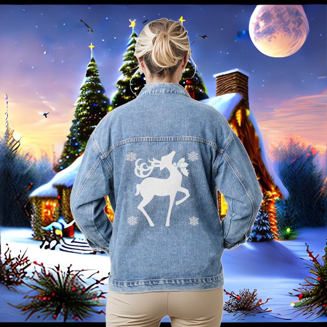 Chaqueta Vaquera El invierno de los renos blancos nórdicos copos de (Nordic White Reindeer Winter Snowflakes Elegant Denim Jacket)