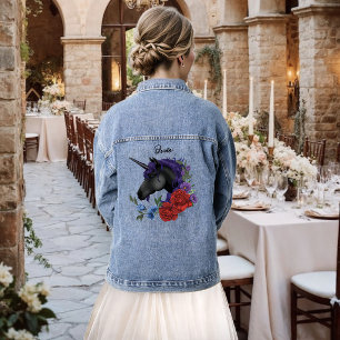 Chaqueta Vaquera Elegante Novia Negra Unicornio Floral Fantasía Bod