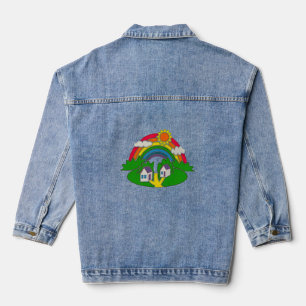 Chaqueta Vaquera Escena rural personalizado con arcoiris y casa de 