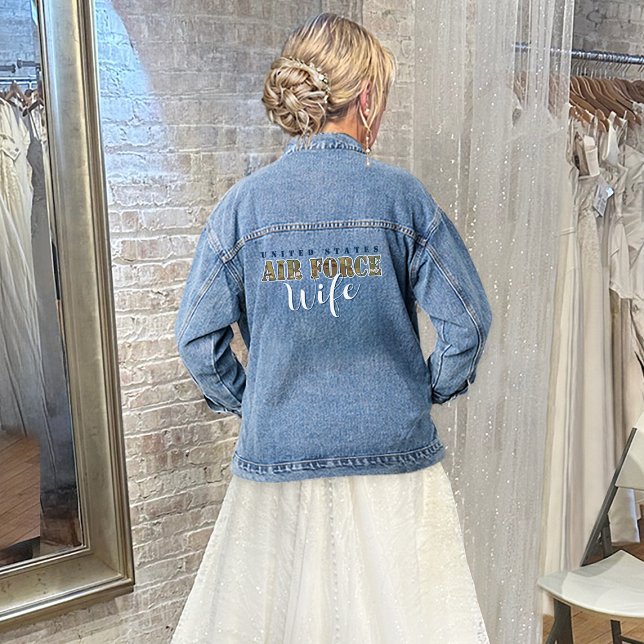 Chaqueta Vaquera Esposa de la Fuerza Aérea Boda Regalo I Camuflaje  (women's United States Air Force Wife wedding camouflage denim jean jacket, USAF Bride, trendy, gift)