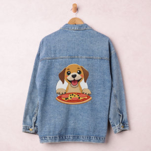 Chaqueta Vaquera Feliz Cachorro con una deliciosa pizza