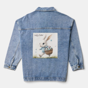 Chaqueta Vaquera Feliz Pascua, conejo de Pascua caminando con huevo