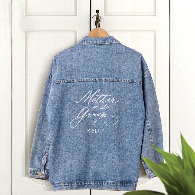 Chaqueta Vaquera Fiesta de matrimonio de nombre de escritura de Gro (Mother of the Groom Script Name Wedding Party Denim Jacket)