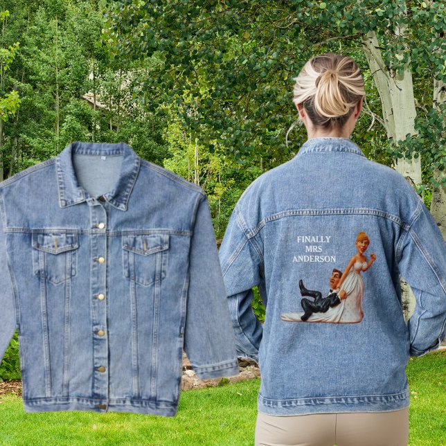 Chaqueta Vaquera Finalmente Sra. Name Funny Pareja Boda Figurina (Finally Mrs. Name Funny Figurine Wedding Couple Denim Jacket Front and Back View)