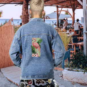 Chaqueta Vaquera Flamenco Rosa Tropical Hojas de Palma Verde Lirios