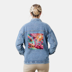 Chaqueta Vaquera Flamencos rosados tropicales palmeras personalizad