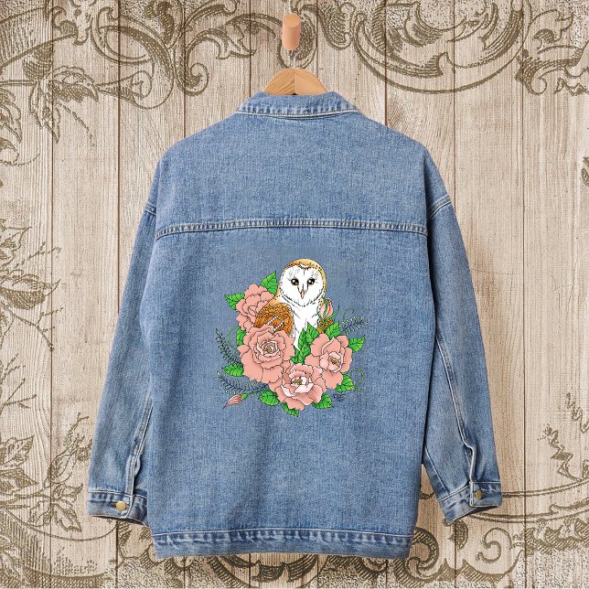 Chaqueta Vaquera Flores rosadas de búho barn azul (Subido por el creador)