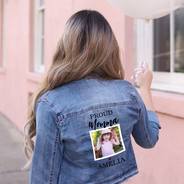 Chaqueta Vaquera Foto personalizada de mamá (Proud momma add your child's picture denim jacket)
