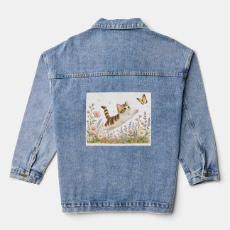Chaqueta Vaquera Gatito Bordado Persiguiendo Mariposa en Flor Silve