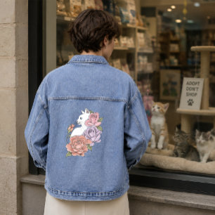 Chaqueta Vaquera Gato Blanco Floral Pastel Botánico Romántico Negro