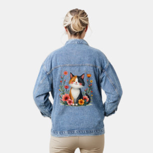 Chaqueta Vaquera Gato Calico Adorable con Estética Floral Cottageco