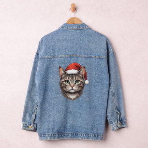 Chaqueta Vaquera Gato de Navidad lindo con sombrero de Santa