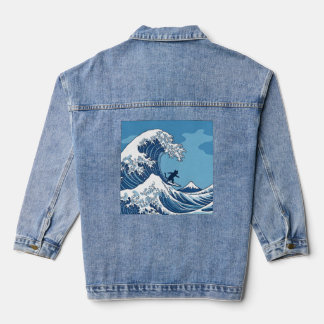 Chaqueta Vaquera Gato Divertido Surfizando La Gran Ola de Kanagawa