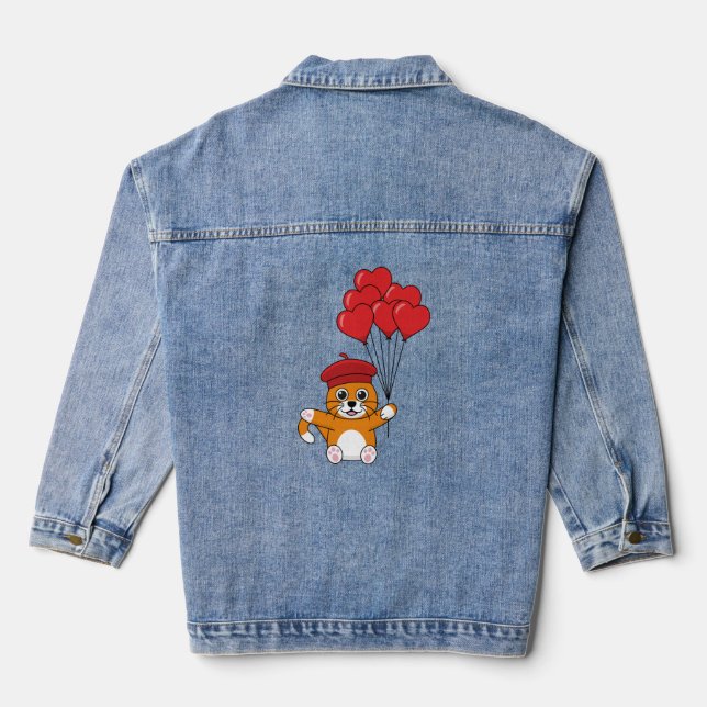 Chaqueta Vaquera Gato lindo con globos de corazón rojo (Reverso )
