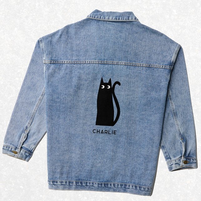 Chaqueta Vaquera Gato negro personalizado (Fun black cat personalized name denim jacket)