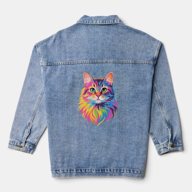 Chaqueta Vaquera Gato pop arcoiris - arte felino vibrante del vecto (Reverso )