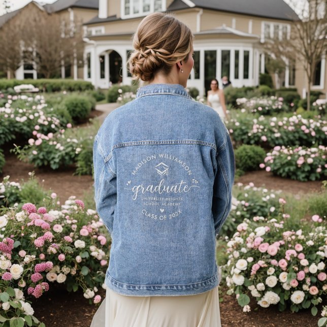 Chaqueta Vaquera Graduación Moderno Script Hearts Cap Monogram (Reverso Boda)