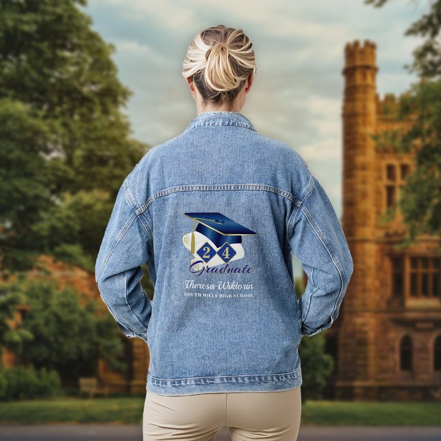 Chaqueta Vaquera Graduación personalizada Cap Blue Gold (Personalized Graduation Cap Blue Gold Denim Jacket)
