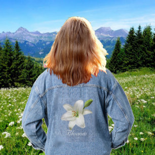 Chaqueta Vaquera Gran Flor de Lirio Blanca y Caligrafía