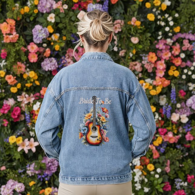 Chaqueta Vaquera Guitar Wildflower Ampersand Musical Boda (Back view guitarist musician wedding jacket with botanical cottage garden spring bride to be Jacket)