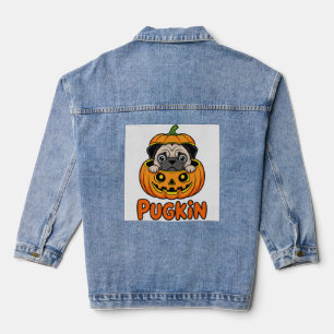 Chaqueta Vaquera Halloween Pugkin, perro pug de calabaza