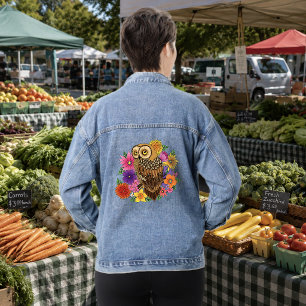 Chaqueta Vaquera Hermoso ramo de flores coloridas de búho marrón