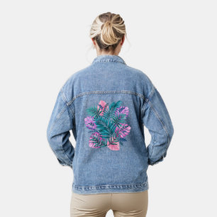 Chaqueta Vaquera Hojas tropicales de palma y monstera rosadas y tur