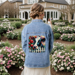 Chaqueta Vaquera Holstein Cow Picket Fence Red Roses Black Red