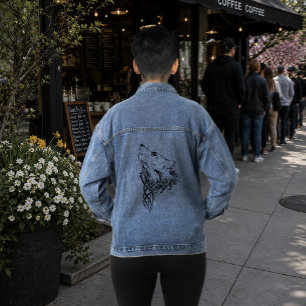 Chaqueta Vaquera Ilustración de lobo negro tribal aullando con tint