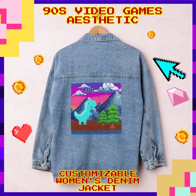 Chaqueta Vaquera Ilustración divertida de dinosaurio pixelado para  (Funny Pixel Gamer Pixelated - Dinosaur Illustration Women's Denim Jacket (Jean Jacket);)