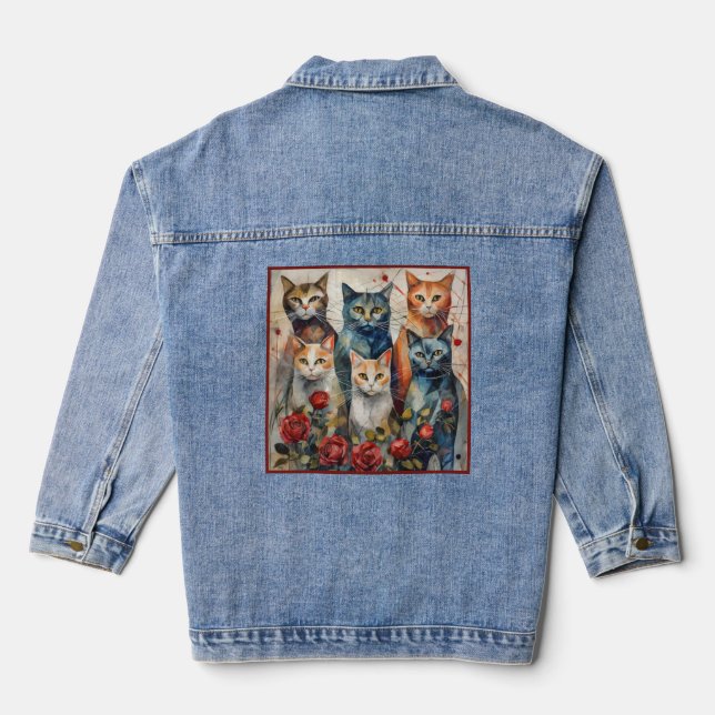 Chaqueta Vaquera Ilustracion moderno de seis gatos y Rosas (Reverso )