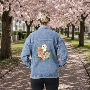 Chaqueta Vaquera Lechuza de granero azul elegante flores rosadas vi