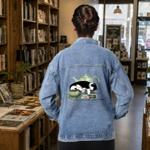 Chaqueta Vaquera Libros Acogedores Gato Esmoquin Té Tetera Verde Li