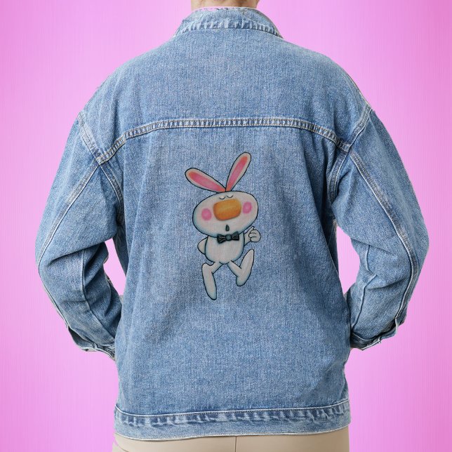 Chaqueta Vaquera Lindo conejo blanco mejillas de orejas rosadas (Fun white thumbs up bunny rabbit orange nose black bow tie on denim jacket.)