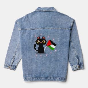 Chaqueta Vaquera lindo gato negro sostiene la bandera de Palestina