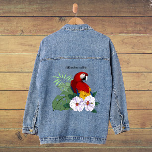 Chaqueta Vaquera Loro Guacamayo Rojo Floral Hibisco Tropical Blanco
