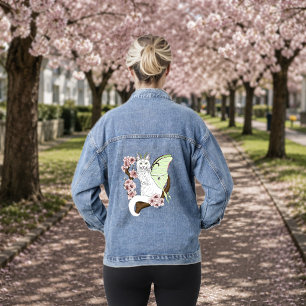 Chaqueta Vaquera Luna Moth Luna Gato Blanco Verde