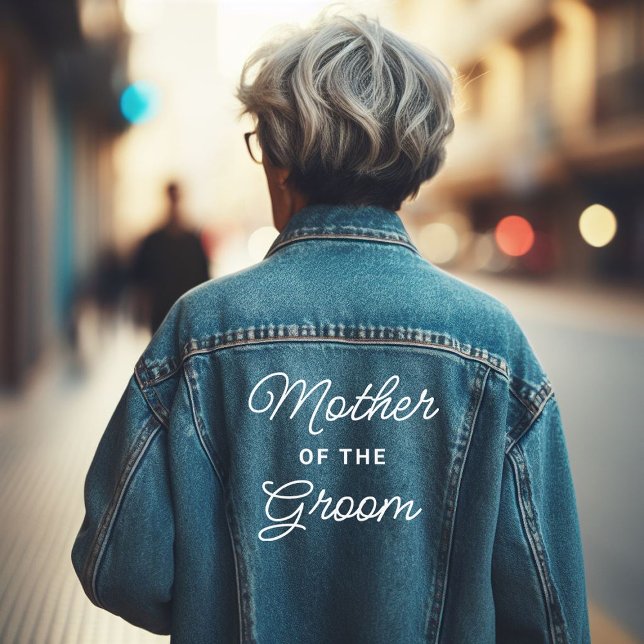 Chaqueta Vaquera Madre genial del novio (Old lady wearing a denim jacket with the message "mother of the groom")