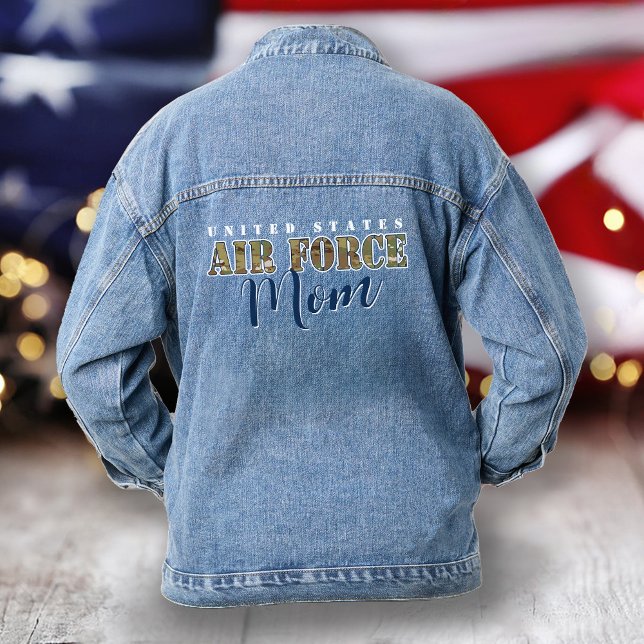 Chaqueta Vaquera Mamá de la Fuerza Aérea Regalo I Camuflaje Militar (women's patriotic military Air Force proud Mom  camouflage trendy denim jacket gift for graduation)