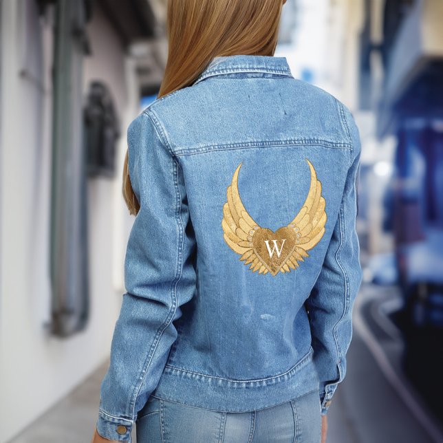 Chaqueta Vaquera Moda Purpurina de oro Gems Personalizado Monograma (Chic Gold Glitter Gems Custom Monogram Angel Wings Denim Jacket)