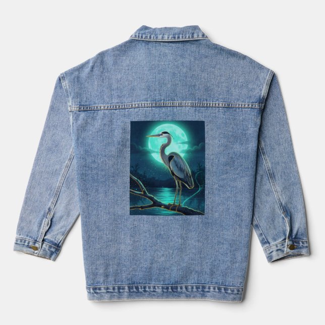 Chaqueta Vaquera Moonlit Heron – Colourful Night Wildlife Art (Reverso )